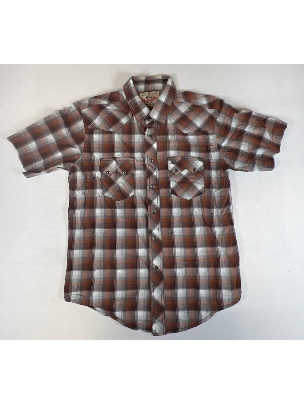 Vintage 90s Wrangler Western Shirt Mens M Brown Plaid Pearl Snap Short Sleeve